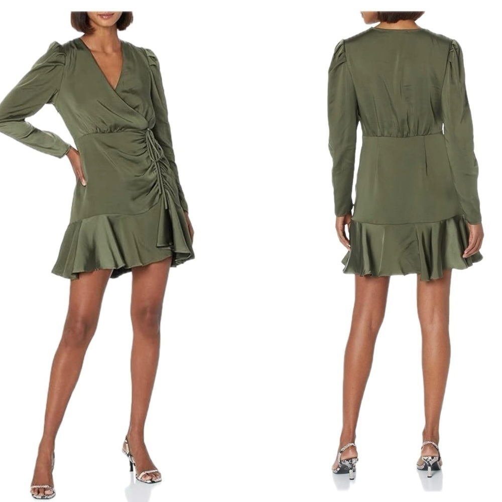 Steve Madden khaki olive green satin effect ruffle BB DAKOTA NYLA DRESS NWT
